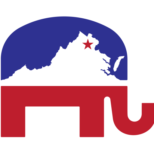 Fairfax Republicans elephant mark — the elephant's body is the Virginia state outline, with a red star marking Fairfax County.